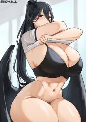 Rule 34 | abs, absurdres, alternate costume, artist name, black bra, black hair, blue archive, blush, bra, breasts, cleavage, clothes lift, cromwellb, eyebrows hidden by hair, feathered wings, hair between eyes, hasumi (blue archive), hasumi (track) (blue archive), highres, huge breasts, long hair, looking at viewer, low wings, navel, no panties, official alternate costume, partially undressed, ponytail, red eyes, shirt lift, stomach, thick thighs, thighs, twitter username, underwear, undressing, wide hips, wings