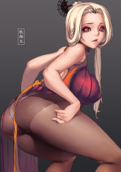 Rule 34 | 10s, 1girl, absurdres, ass, bad id, bad pixiv id, bare arms, blade &amp; soul, blonde hair, breasts, brown pantyhose, cape, covered erect nipples, dress, female focus, hair ornament, hairpin, highres, large breasts, long hair, looking at viewer, mole, mole under mouth, oinari risuru, panties, panties under pantyhose, pantyhose, parted lips, red eyes, short dress, solo, thighband pantyhose, underwear, white panties, wide hips, yehara (blade &amp; soul)