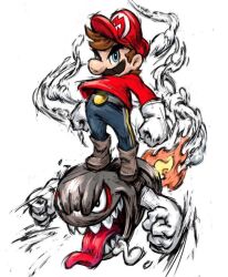 Rule 34 | 1boy, angry, banzai bill, blue eyes, brown hair, facial hair, fire, flying, full body, gloves, hat, looking at viewer, mario, mario (series), masanori sato, mustache, nintendo, open mouth, smoke, standing on another&#039;s head, super mario world, third-party source