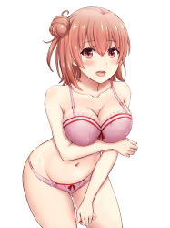 Rule 34 | 10s, 1girl, :d, bare arms, bare shoulders, blush, bra, breast hold, breasts, brown eyes, cleavage, collarbone, cowboy shot, frilled bra, frills, hair between eyes, hair bun, highres, inanaki shiki, large breasts, leaning forward, looking at viewer, medium breasts, navel, open mouth, orange hair, panties, pink bra, pink panties, short hair, simple background, single hair bun, smile, solo, standing, stomach, underwear, underwear only, white background, yahari ore no seishun lovecome wa machigatteiru., yuigahama yui