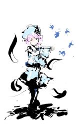 Rule 34 | 1girl, absurdres, bad id, bad pixiv id, bug, butterfly, faux traditional media, hat, highres, hitodama, insect, japanese clothes, kimono, outstretched arms, pink hair, saigyouji yuyuko, simple background, sketch, solo, sumi-e, timesoe, touhou, triangular headpiece, white background