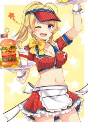 Rule 34 | 1girl, ;d, ahoge, american flag, amidada, apron, arm up, beige background, blonde hair, blue eyes, blush, breasts, burger, cleavage, crop top, cup, disposable cup, drinking straw, eyebrows hidden by hair, food, frilled skirt, frills, hachimiya meguru, hat, high ponytail, highres, holding, holding tray, idolmaster, idolmaster shiny colors, long hair, medium breasts, midriff, navel, one eye closed, open mouth, polka dot, ponytail, red hat, red shirt, red skirt, shirt, short sleeves, skirt, smile, solo, star (symbol), starry background, striped clothes, striped shirt, striped skirt, tray, two-tone background, vertical-striped clothes, vertical-striped shirt, vertical-striped skirt, visor cap, waist apron, white apron, white background, wrist cuffs