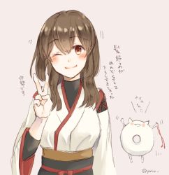 Rule 34 | 1girl, 1other, abyssal ship, alternate hair length, alternate hairstyle, beige background, brown eyes, brown hair, commentary request, enemy lifebuoy (kancolle), hair down, ise (kancolle), japanese clothes, kantai collection, long hair, looking at viewer, remodel (kantai collection), simple background, smile, translation request, twitter username, undershirt, upper body, v, yuzu (kimagure kankitsurui)