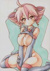 Rule 34 | 1girl, :3, ahoge, blush, breasts, breasts out, cleavage, curvy, drill hair, female focus, huge breasts, kasane teto, looking at viewer, marker (medium), nipples, puffy nipples, sitting, slit pupils, smile, solo, thighhighs, traditional media, utau, vocaloid, wide hips, yutakasan-love