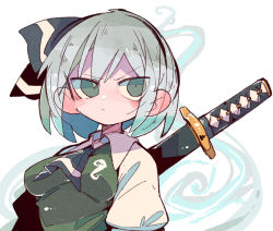Rule 34 | 1girl, black hairband, breasts, closed mouth, collared shirt, ghost, green eyes, green hair, grey hair, hairband, konpaku youmu, konpaku youmu (ghost), looking at viewer, massakasama, sheath, sheathed, shirt, short hair, simple background, solo, sword, sword behind back, touhou, v-shaped eyebrows, weapon, white background