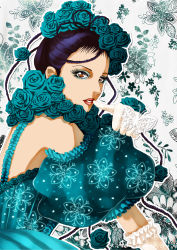 Rule 34 | 1girl, absurdres, black hair, blue dress, blue flower, brown eyes, bug, butterfly, dress, elbow gloves, eyeshadow, flower, frilled dress, frills, gloves, hayasaka yukari, highres, bug, lace, lace gloves, lipstick, makeup, paradise kiss, parted lips, solo, standing, upper body, white butterfly, white gloves, yoneyu