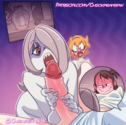 Rule 34 | 1futa, 2girls, artist name, blonde hair, blush, breasts, chickpea, closed mouth, collarbone, constricted pupils, fellatio, futa with female, futanari, gradient background, green eyes, hair over one eye, half-closed eyes, kagari atsuko, large penis, little witch academia, lotte jansson, medium breasts, multiple girls, nude, open mouth, oral, outline, pale skin, patreon username, penis, purple background, purple hair, red eyes, sharp teeth, short hair, smile, sucy manbavaran, surprised, teeth, uncensored, upper teeth only, wavy mouth, white outline