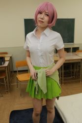 Rule 34 | 1girl, absurdres, asian, chair, chalkboard, classroom, cosplay, female focus, go-toubun no hanayome, highres, japanese (nationality), looking at viewer, nakano ichika, nakano ichika (cosplay), photo (medium), real life, studiokizou