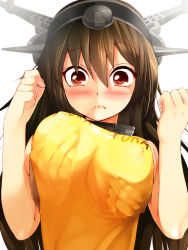 Rule 34 | 10s, 1girl, abe ranzu, apron, bad id, bad pixiv id, blush, grabbing another&#039;s breast, breasts, brown hair, covered erect nipples, grabbing, hairband, highres, kantai collection, large breasts, long hair, looking at viewer, nagato (kancolle), personification, puka puka, red eyes, solo focus