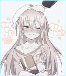 Rule 34 | 1girl, 1other, ahoge, birthday, blush, box, braid, collarbone, dated, gift, gift box, greyscale, hair between eyes, hand on another&#039;s head, headpat, highres, holding, holding gift, hoshi syoko, huge ahoge, idolmaster, idolmaster cinderella girls, kidya pipopi, long hair, monochrome, nose blush, off shoulder, one eye closed, out of frame, parted lips, producer (idolmaster), shirt, side braid, single bare shoulder, smile, solo focus, upper body