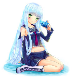 Rule 34 | 10s, 1girl, absurdres, aoki hagane no arpeggio, blue hair, blush, boots, crop top, cross-laced footwear, detached sleeves, emblem, full body, green eyes, highres, holding, iona (aoki hagane no arpeggio), kanipanda, lace-up boots, long hair, looking at viewer, midriff, military, military vehicle, miniature, navel, necktie, parted lips, personification, sailor, sailor collar, sitting, skirt, solo, submarine, very long hair, wariza, watercraft, white background