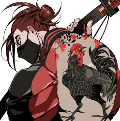 Rule 34 | 1boy, angry, holding behind back, brown hair, chicken costume, fate/grand order, fate (series), frown, glaring, hair over one eye, holding, holding sword, holding weapon, jacket, katana, looking at viewer, male focus, mask, mouth mask, over shoulder, rooster hair ornament, shiba ten, simple background, solo, spiked hair, sword, sword over shoulder, tanaka shinbei (fate), weapon, weapon over shoulder, white background