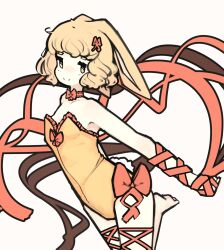 Rule 34 | 1girl, alternate costume, animal ears, bare shoulders, barefoot, blonde hair, dancer rabbit, dress, foot up, frills, hair ornament, highres, long hair, looking at viewer, medium hair, mino dev, outstretched arms, rabbit and steel, rabbit ears, rabbit girl, rabbit tail, ribbon, simple background, solo, strapless, tail, yellow dress, yellow eyes