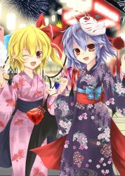 Rule 34 | 2girls, akisome hatsuka, alternate costume, animal print, bag, bat wings, blonde hair, blue hair, candy apple, fang, festival, fireworks, fish print, flandre scarlet, floral print, food, fox mask, hair bobbles, hair ornament, highres, japanese clothes, kimono, long hair, looking at viewer, mask, multiple girls, obi, one eye closed, open mouth, red eyes, remilia scarlet, sash, siblings, side ponytail, sisters, smile, touhou, wide sleeves, wings, yukata