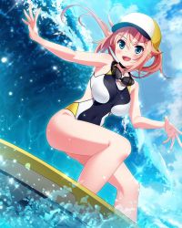 Rule 34 | 1girl, bad id, bad pixiv id, bare legs, bare shoulders, blonde hair, blue eyes, breasts, choker, collarbone, covered navel, eyewear around neck, goggles, goggles around neck, hair between eyes, hat, idol, idol wars z, large breasts, leaning back, long hair, ocean, one-piece swimsuit, open mouth, outstretched arms, ponytail, show100000, sky, smile, solo, surfboard, surfing, swimsuit, takatsukasa mikoto, very long hair, water, waves