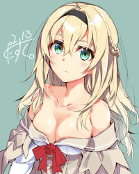 Rule 34 | 1girl, absurdres, aqua background, aqua eyes, black hairband, blonde hair, blush, braid, breasts, collarbone, dated, dress, flower, french braid, hair between eyes, hairband, highres, kantai collection, large breasts, long hair, narumiya (empty cafe), off-shoulder dress, off shoulder, parted lips, red flower, red ribbon, red rose, ribbon, rose, signature, simple background, solo, upper body, warspite (kancolle), white dress