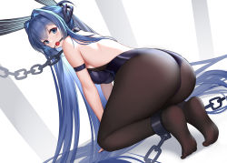 Rule 34 | 1girl, absurdly long hair, animal ears, ass, azur lane, ball gag, bare back, bare shoulders, bdsm, black leotard, black pantyhose, blue eyes, blue hair, breasts, chain, chained, fake animal ears, from behind, full body, gag, gagged, hair intakes, headgear, highres, hong bai, large breasts, leotard, long hair, looking at viewer, looking back, new jersey (azur lane), new jersey (exhilarating steps!) (azur lane), official alternate costume, pantyhose, playboy bunny, rabbit ears, simple background, soles, solo, thighs, very long hair, wiffle gag