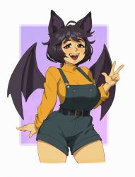 Rule 34 | 1girl, absurdres, animal ears, bat ears, bat girl, bat wings, belt, black belt, black hair, blush, borrowed character, breasts, commission, denim, denim shorts, fangs, highres, large breasts, lips, looking at viewer, open mouth, original, overall shorts, overalls, riz, short hair, shorts, smile, solo, sweater, teeth, upper teeth only, v, wings, yellow sweater