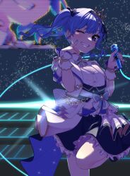 Rule 34 | 1girl, back bow, black bow, black skirt, blue bow, blue bowtie, blue hair, blue nails, bow, bowtie, finger to face, frilled skirt, frills, grin, hair bow, hair ribbon, holding, holding microphone, hololive, hololive idol uniform, hololive idol uniform (bright), hoshimachi suisei, jacket, layered skirt, long hair, looking at viewer, microphone, mugimugi yummy, one eye closed, puffy short sleeves, puffy sleeves, ribbon, shirt, short sleeves, skirt, smile, solo, standing, standing on one leg, star (symbol), starry background, tiara, virtual youtuber, white jacket, white shirt, white skirt, wrist cuffs