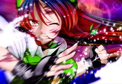 Rule 34 | 1girl, action, bad id, bad pixiv id, black gloves, blood, blood on face, braid, clenched hand, clenched teeth, female focus, fingerless gloves, gloves, hair ribbon, hat, hong meiling, long hair, one eye closed, orange eyes, red eyes, red hair, ribbon, scrape, solo, teeth, torio k, torizousui, touhou, twin braids, wince