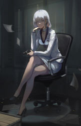 Rule 34 | 1girl, bandaged neck, bandages, bare legs, black footwear, breasts, business suit, chair, cleavage, closed mouth, collarbone, crossed legs, formal, girls&#039; frontline, gun, high heels, highres, holding, holding gun, holding weapon, legs, looking at viewer, mai (xskdizzy), medium breasts, medium hair, office, office chair, office lady, paper, purple eyes, rpk-16 (girls&#039; frontline), rpk-16 (renate) (girls&#039; frontline), silver hair, simple background, sitting, smile, solo, suit, swivel chair, weapon, white suit, window
