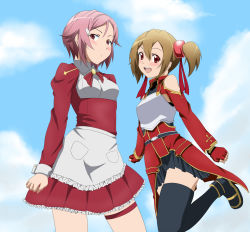Rule 34 | 10s, 2girls, :d, akou (phoenix777), apron, armor, bare shoulders, belt, black legwear, blush, bow, bowtie, brown hair, day, fingerless gloves, from below, gloves, hair ornament, hair ribbon, hairclip, highres, lisbeth (sao), long legs, multiple girls, open mouth, pink hair, red eyes, ribbon, short hair, short twintails, silica, skirt, sky, smile, sword art online, thigh strap, thighhighs, twintails, zettai ryouiki