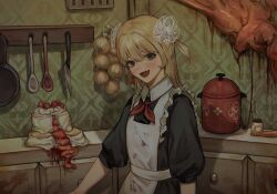 Rule 34 | 1girl, apron, black dress, black eyes, blonde hair, blood, blood on clothes, blood on wall, blush, cake, cindymeimezu, collared dress, commentary, cowboy shot, dress, flesh, flesh blood &amp; concrete, food, frilled apron, frills, grate, hair ornament, hair scrunchie, highres, indoors, kitchen, kitchen knife, layer cake, long hair, looking at viewer, looking to the side, neck ribbon, nika (flesh blood &amp; concrete), onion, open mouth, organs, puffy short sleeves, puffy sleeves, red ribbon, ribbon, scrunchie, shadow, short sleeves, smile, solo, two side up, wallpaper (object), white apron