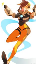 Rule 34 | 1girl, absurdres, arched back, bodysuit, brown hair, blowing bubbles, chest harness, dual wielding, earrings, goggles, harness, highres, holding, jewelry, looking at viewer, orange bodysuit, orange eyes, overwatch, overwatch 1, popped collar, road 233, short hair, solo, tracer (overwatch), very short hair