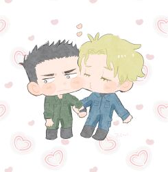 Rule 34 | 2boys, ao isami, benishogaa, black hair, blonde hair, blue jumpsuit, blush, cheek-to-cheek, chibi, closed eyes, full body, green jumpsuit, heads together, heart, highres, holding another&#039;s arm, imminent kiss, jumpsuit, lewis smith, looking to the side, male focus, multiple boys, short hair, shy, sideburns, thick eyebrows, white background, yaoi, yuuki bakuhatsu bang bravern