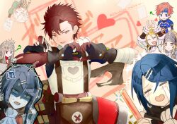 Rule 34 | alcryst (fire emblem), amber (fire emblem), apron, blonde hair, blue hair, blush, brothers, clanne (fire emblem), diamant (fire emblem), fire emblem, fire emblem engage, frilled apron, frills, gloves, glowstick, hair ornament, hairclip, heart, heart hands, holding, holding glowstick, jade (fire emblem), long sleeves, male focus, multiple boys, multiple girls, nintendo, red eyes, red hair, roy (fire emblem), shoochiku bai, short hair, siblings, smile, sparkle, veronica (fire emblem)