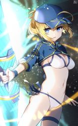 Rule 34 | 1girl, ahoge, artoria pendragon (fate), baseball cap, bikini, blonde hair, blue eyes, blue hat, breasts, chromatic aberration, cleavage, cowboy shot, fate/grand order, fate (series), groin, hair through headwear, hat, highres, holding, holding polearm, holding spear, holding weapon, long hair, looking to the side, medium breasts, mysterious heroine x (fate), mysterious heroine xx (fate), navel, oomori (kswmr), outstretched arm, parted lips, polearm, ponytail, shrug (clothing), side-tie bikini bottom, sidelocks, signature, solo, space, spear, standing, star (sky), stomach, swimsuit, thigh strap, twinmyniad (fate), v-shaped eyebrows, weapon, white bikini, wristband