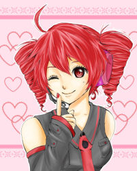 Rule 34 | 1girl, asaki (bluemoonstone), drill hair, heart, kasane teto, one eye closed, red eyes, red hair, smile, solo, twin drills, twintails, upper body, utau, wink