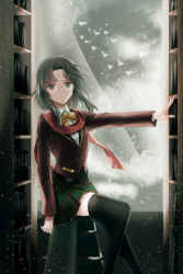 Rule 34 | 1girl, bird, black hair, black thighhighs, blazer, bookshelf, curtains, dress shirt, expressionless, glasses, jacket, lowres, nanai highcastle, outstretched arm, parted bangs, plaid, plaid skirt, pleated skirt, red scarf, reum, ribbon, scarf, school uniform, seagull, shirt, sitting, skirt, solo, sword girls, thighhighs, window