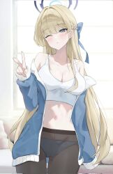 Rule 34 | 1girl, alternate costume, black pantyhose, blonde hair, blue archive, blue bow, blue eyes, blue halo, blue jacket, blush, bow, braid, breasts, cleavage, collarbone, commentary, cowboy shot, hair bow, hair intakes, half up braid, halo, hand up, highres, indoors, jacket, jaduade, long hair, long sleeves, medium breasts, midriff, navel, one eye closed, open clothes, open jacket, panties, panties under pantyhose, pantyhose, puffy long sleeves, puffy sleeves, solo, sports bra, symbol-only commentary, toki (blue archive), underwear, v, white panties, white sports bra