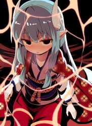 Rule 34 | 1girl, black eyes, blue hair, blue sash, blush, bound, commentary request, dragon girl, dragon horns, haori, highres, horns, japanese clothes, kimono, long hair, looking at viewer, obi, original, parted lips, pointy ears, red skirt, restrained, sash, sidelocks, silk, sitting, skirt, solo, spider web, tearing up, tied up (nonsexual), white kimono, yukinagi
