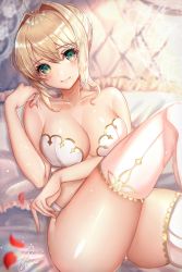 Rule 34 | 1girl, ahoge, bed, blonde hair, bra, braid, breasts, chiachun0621, cleavage, fate/extra, fate/extra ccc, fate (series), french braid, green eyes, hair intakes, headboard, highres, indoors, large breasts, looking at viewer, nero claudius (bride) (fate), nero claudius (fate), panties, petals, pillow, rose petals, sitting, smile, solo, thighhighs, underwear