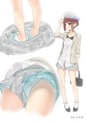 Rule 34 | 10s, 1girl, 2016, alternate costume, ama mitsuki, ass, bag, bare legs, barefoot, beret, black footwear, blue panties, blunt bangs, blush, bow, buttons, closed mouth, collarbone, crossed arms, dated, floral print, from behind, from below, full body, grey skirt, handbag, hat, hat bow, hat ornament, holding, holding bag, jacket, kantai collection, long sleeves, looking to the side, lower body, multiple views, open clothes, open jacket, panties, polka dot, polka dot panties, shirt, shoes, short hair, shorts, sidelocks, simple background, skirt, sleeves past elbows, sleeves pushed up, sleeves rolled up, smile, socks, standing, striped, striped bow, unbuttoned, underwear, unworn panties, unworn shorts, unworn skirt, upshorts, upskirt, white background, white hat, white legwear, white shirt, z3 max schultz (kancolle)