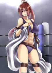 Rule 34 | 1girl, abs, belt, boots, breasts, brown hair, highres, jacket, large breasts, light, long hair, nagahara chizuru, ponytail, solo, sports bikini, sweat, thigh strap, tobisawa, wrestle angels, wrestle angels survivor, wrestling outfit, wrestling ring