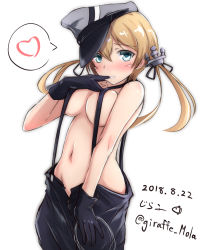 Rule 34 | 1girl, anchor hair ornament, blonde hair, blue eyes, blush, breasts, dated, finger to mouth, giraffe (ilconte), gloves, hair ornament, hat, heart, highres, kantai collection, large breasts, long hair, looking at viewer, low twintails, navel, no bra, parted lips, peaked cap, prinz eugen (kancolle), signature, simple background, smile, solo, spoken heart, stomach, suspenders, twintails, twitter username, white background