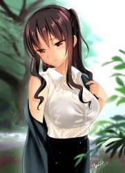 Rule 34 | 1girl, artist name, black jacket, black skirt, blazer, blurry, blurry background, bra visible through clothes, breasts, clothes pull, collared shirt, dated, depth of field, grass, head tilt, jacket, jacket pull, large breasts, long hair, off shoulder, original, pencil skirt, saikawa yusa, shirt, signature, skirt, sleeveless, sleeveless shirt, solo, standing, tree, undressing, upper body, wet, wet clothes, white shirt