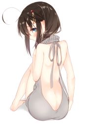 Rule 34 | 10s, 1girl, ahoge, ass, backless dress, backless outfit, bare back, bare legs, bare shoulders, barefoot, black hair, blue eyes, blush, bottomless, braid, dress, from behind, full body, hair flaps, hair ornament, kantai collection, knees up, long hair, looking at viewer, looking back, meme attire, naked sweater, naoto (tulip), no panties, profile, shigure (kancolle), shigure kai ni (kancolle), simple background, single braid, sitting, solo, sweater, sweater dress, turtleneck, turtleneck sweater, virgin killer sweater, white background