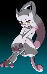 Rule 34 | 1girl, aqua background, black background, blush, breasts, chizi, collarbone, creatures (company), female focus, full body, game freak, gen 1 pokemon, gradient background, invisible chair, knees up, legendary pokemon, legs together, mega mewtwo y, mega pokemon, mewtwo, nintendo, no nipples, own hands together, pokemon, pokemon (creature), red eyes, shiny skin, simple background, sitting, small breasts, solo, v arms