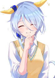 Rule 34 | 1girl, absurdres, animal ears, blue hair, blush, breasts, casual, clenched hand, closed eyes, commentary request, hair between eyes, hair ornament, highres, horse ears, horse tail, izu lemon, k.s.miracle (umamusume), laughing, medium breasts, short hair, simple background, solo, tail, twitter username, umamusume, white background