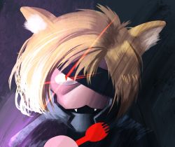 Rule 34 | 1girl, animal ear fluff, animal ears, blonde hair, cat ears, cat girl, chibi, commentary, cosplay, english commentary, fangs, fork, glowing, glowing eye, highres, holding, holding fork, holding spoon, llofriu, medium hair, melty blood, metal gear (series), metal gear rising: revengeance, neco-arc, one eye covered, open mouth, parody, portrait, raiden (metal gear), red eyes, slit pupils, solo, spoon, tsukihime, type-moon