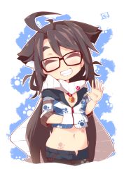Rule 34 | 1girl, ^ ^, ahoge, animal ear fluff, animal ears, bell, black-framed eyewear, blue shorts, blush, brown hair, brown pantyhose, chain, closed eyes, commentary request, cowboy shot, crop top, facing viewer, fictional persona, glasses, grin, hand in pocket, hand up, head tilt, jingle bell, long hair, long sleeves, micro shorts, midriff, navel, original, pantyhose, reku, short shorts, shorts, smile, solo, very long hair