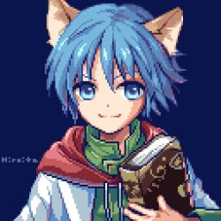 Rule 34 | 1boy, animal ears, blue background, blue eyes, blue hair, book, cat ears, drawstring, green shirt, hiroita, holding, holding book, jacket, leon geeste, looking at viewer, lowres, male focus, pixel art, red hood, shirt, short hair, simple background, smile, solo, star ocean, star ocean the second story, white jacket