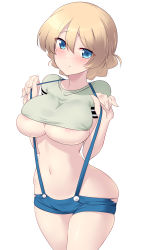 Rule 34 | 1girl, absurdres, areola slip, blonde hair, blue eyes, blush, braid, breasts, closed mouth, clothes lift, commentary request, crop top, darjeeling (girls und panzer), french braid, girls und panzer, green shirt, highres, kuzuryuu kennosuke, large breasts, looking at viewer, micro shorts, navel, no bra, shiny skin, shirt, shirt lift, shorts, simple background, skindentation, slingshot swimsuit, smile, solo, strap lift, suspenders, swimsuit, underboob, upper body, white background