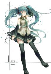 Rule 34 | 1girl, aqua hair, boots, character name, detached sleeves, green eyes, hatsune miku, long hair, necktie, skirt, solo, teeth (artist), thigh boots, thighhighs, twintails, very long hair, vocaloid