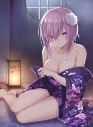 Rule 34 | 1girl, 3:, alternate costume, bare legs, barefoot, breasts, closed mouth, collarbone, covering one breast, covering privates, eyes visible through hair, fate/grand order, fate (series), floral print, flower, hair flower, hair ornament, hair over one eye, hand up, highres, indoors, japanese clothes, kimono, lantern, large breasts, looking at viewer, mash kyrielight, mashuu (neko no oyashiro), night, obi, petals, purple eyes, purple hair, purple kimono, sash, sidelocks, sitting, solo, thighs, white flower, wide sleeves, window, yokozuwari