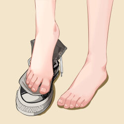 1girl barefoot black_footwear feet foot_focus grey_footwear highres light_brown_background nanase_young original out_of_frame removing_shoes shadow shoes simple_background single_shoe sneakers solo standing standing_on_one_leg toenails toes two-tone_footwear